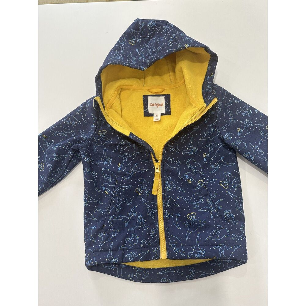 Cat & Jack Boys 3T Dinosaur Constellation Hooded Jacket Navy Yellow Fleece Lined